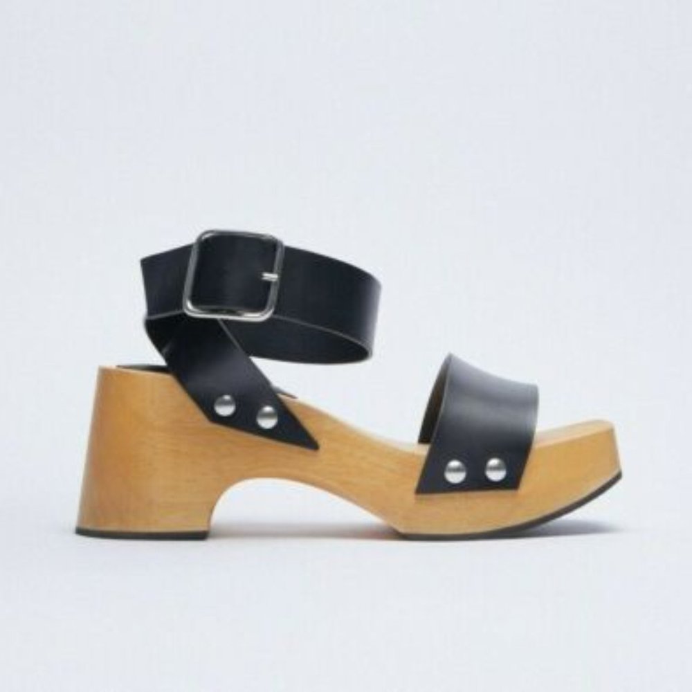 ZARA WOODEN HEELED REAL LEATHER SANDALS BUCKLE BLACK CLOG 38 CHUNKY PLATFORM